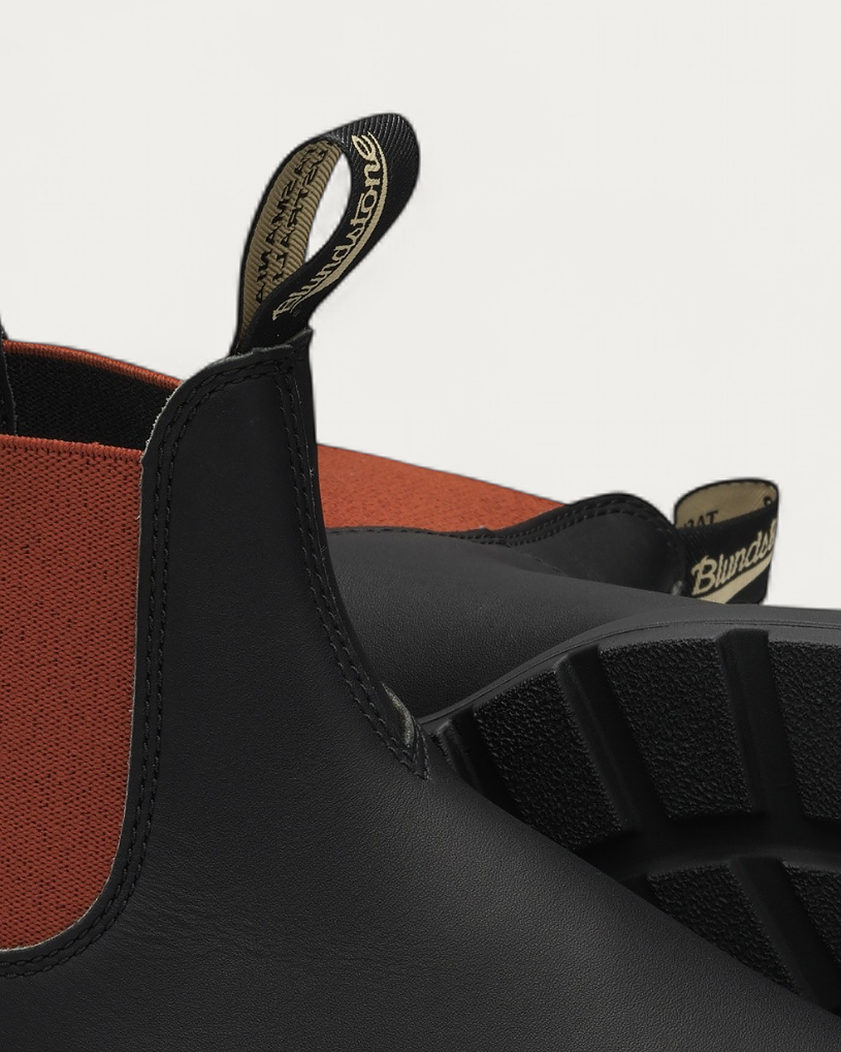 Blundstone 508 Chelsea Boot pull tab detail with Tasmania Australia branding and red elastic