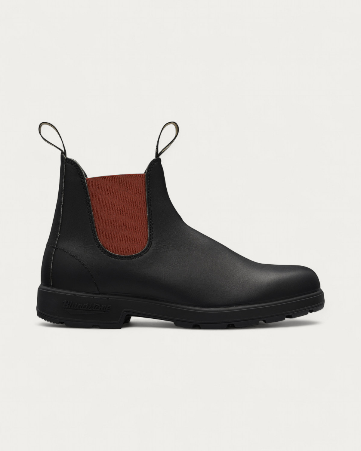 Blundstone 508 Black with Red Chelsea Boot, side profile showing red elastic gusset and black leather upper