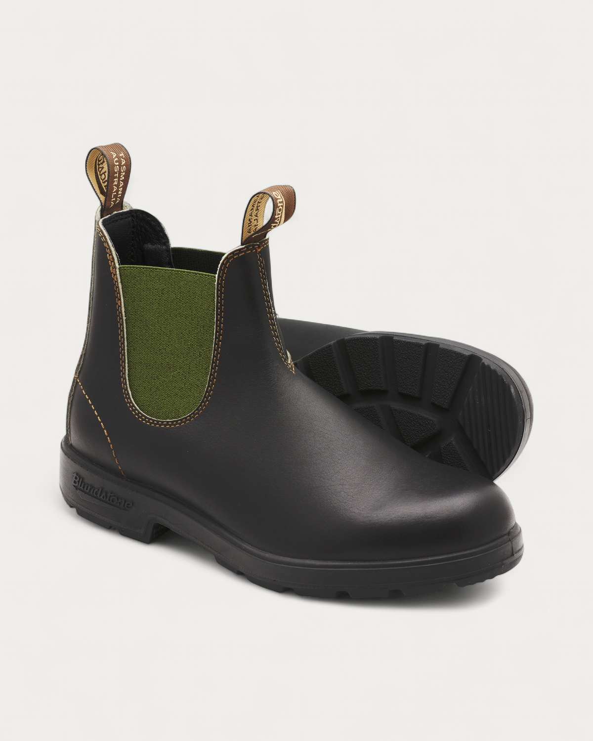Pair of Blundstone 519 Brown with Olive Chelsea Boots showing the TPU outsole tread