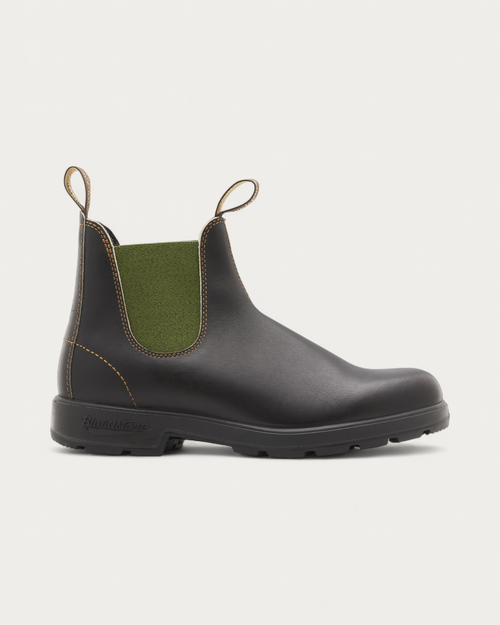 Blundstone 519 Brown with Olive Chelsea Boot, side profile showing olive elastic gusset and brown leather upper
