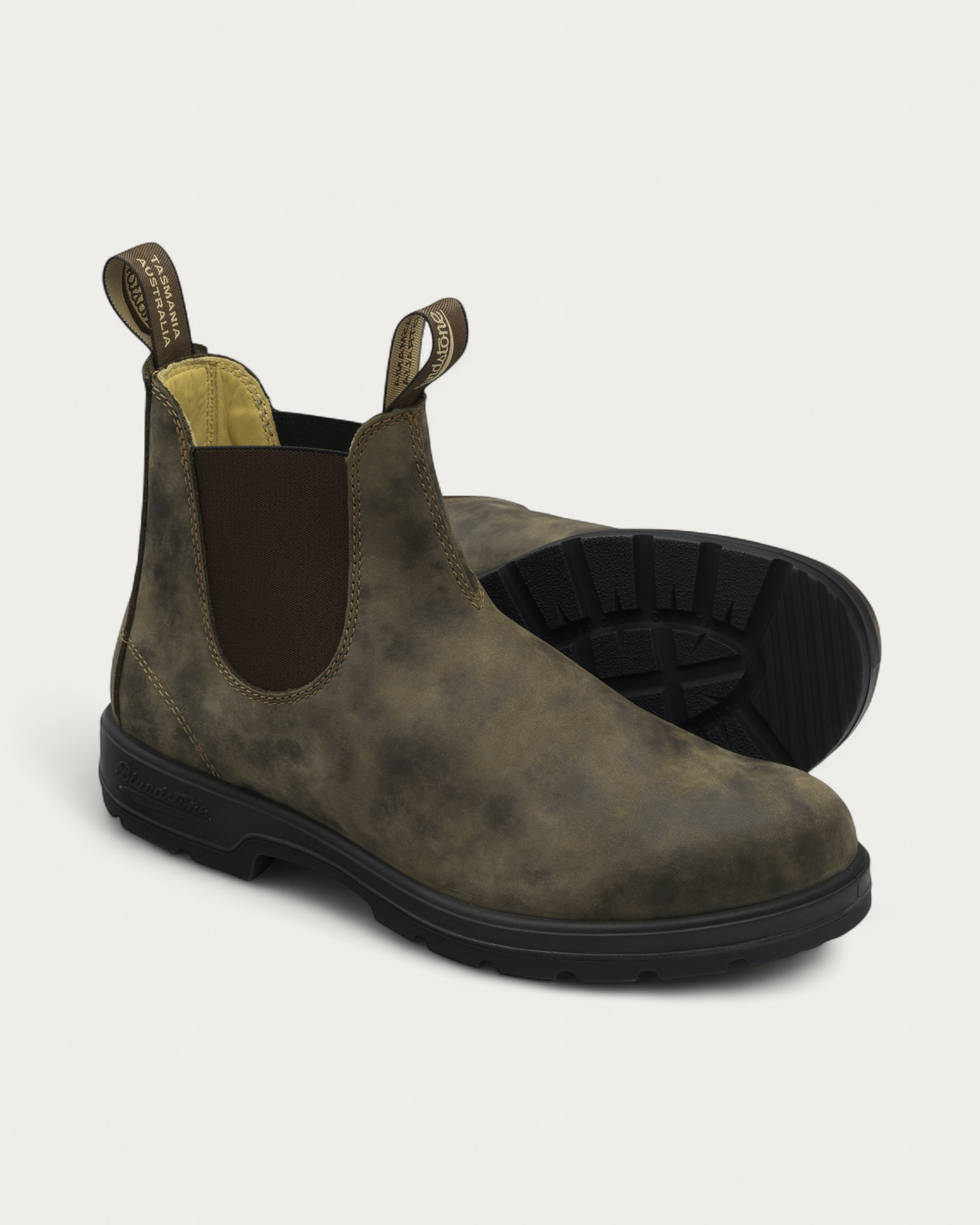 Pair of Blundstone 585 Rustic Brown Chelsea Boots showing the TPU outsole tread
