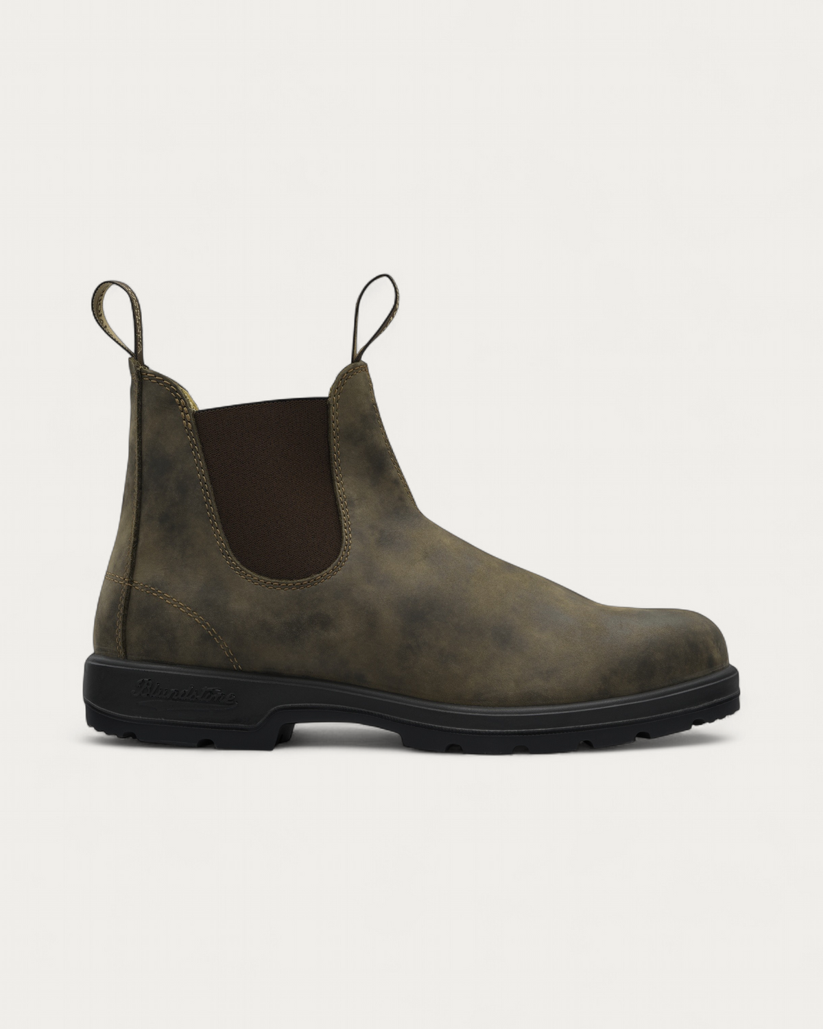 Blundstone 585 Rustic Brown Chelsea Boot, side profile showing waxed nubuck leather and brown elastic gusset