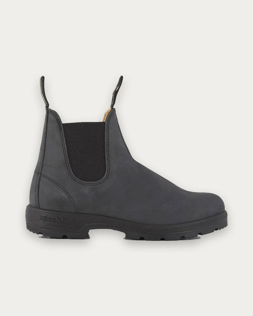 Blundstone 587 Rustic Black Chelsea Boot, side profile showing waxed nubuck leather and black elastic gusset
