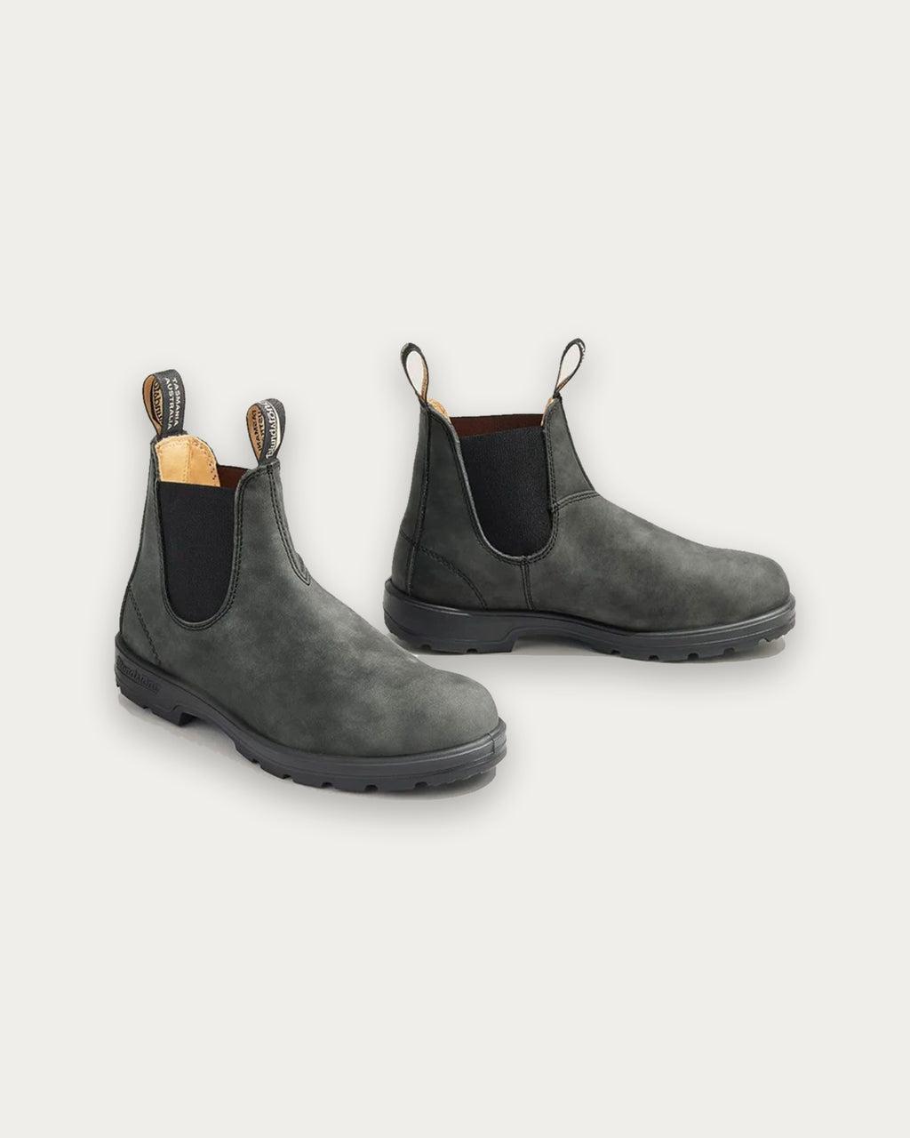 Pair of Blundstone 587 Rustic Black Chelsea Boots showing the pull tabs and TPU outsole