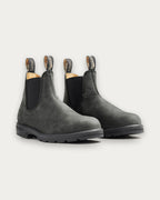 Front view of a pair of Blundstone 587 Rustic Black Chelsea Boots in waxed nubuck leather