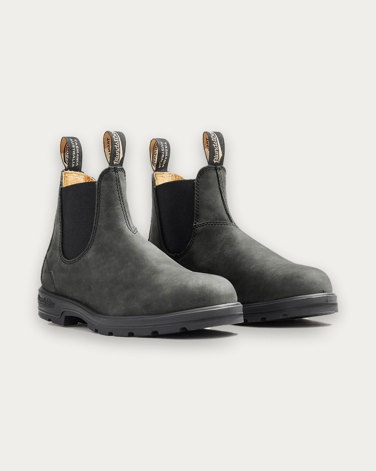 Front view of a pair of Blundstone 587 Rustic Black Chelsea Boots in waxed nubuck leather