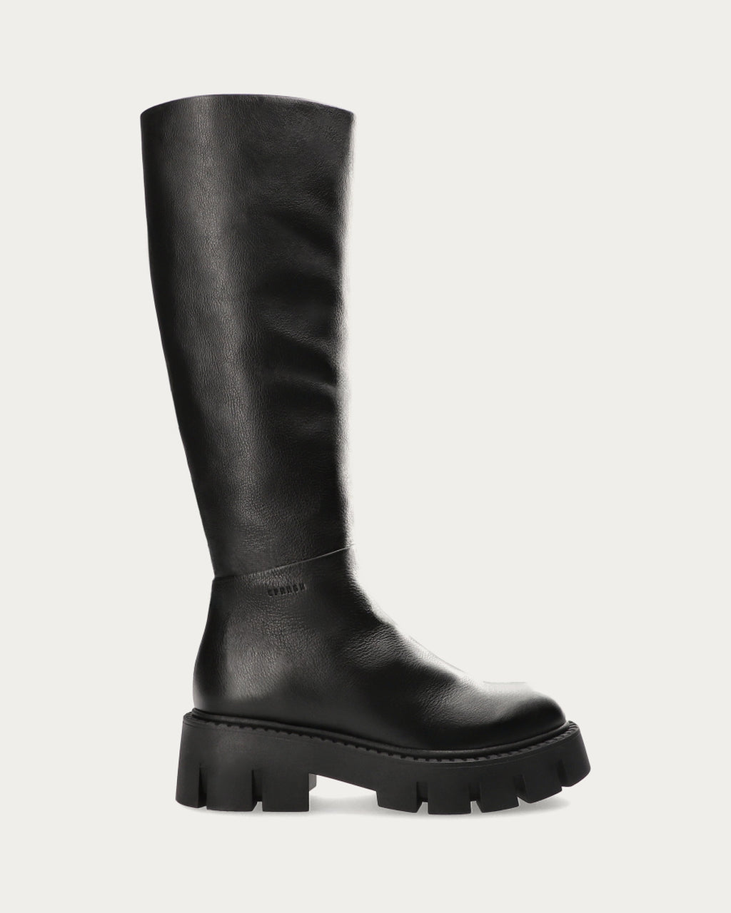 Copenhagen Studios black knee high soft leather chunky boot, side profile with platform sole and block heel