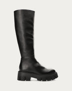 Copenhagen Studios black knee high soft leather chunky boot, side profile with platform sole and block heel