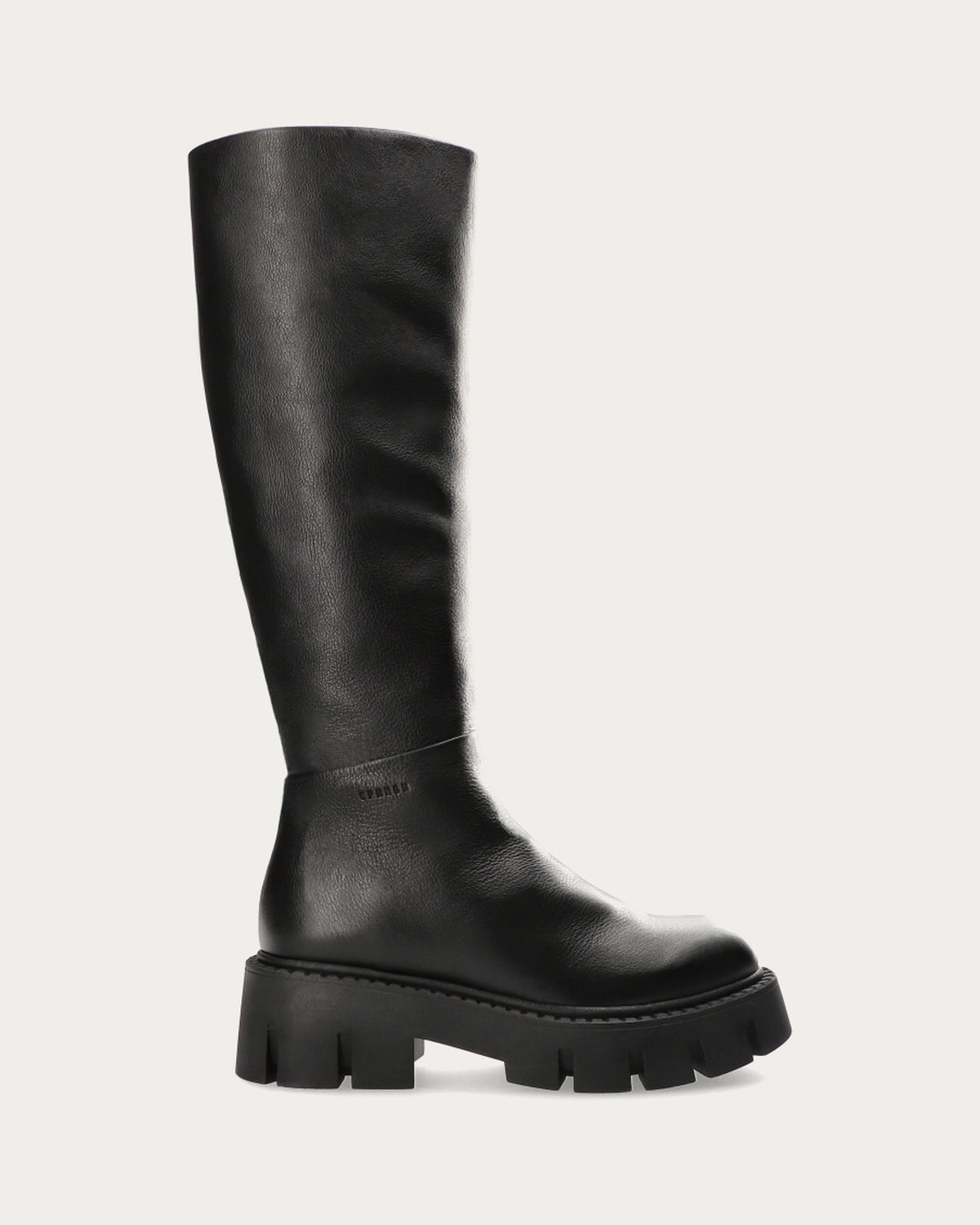 Copenhagen Studios black knee high soft leather chunky boot, side profile with platform sole and block heel