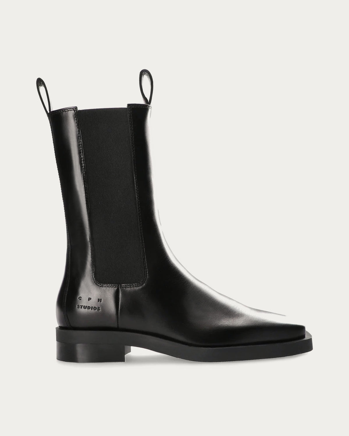 Copenhagen Studios black leather high Chelsea boot with square toe, side profile