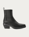 Copenhagen Studios black waxed nubuck Chelsea boot with elastic side panel, pull tab and angled block heel, side profile