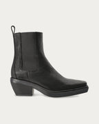 Copenhagen Studios black waxed nubuck Chelsea boot with elastic side panel, pull tab and angled block heel, side profile