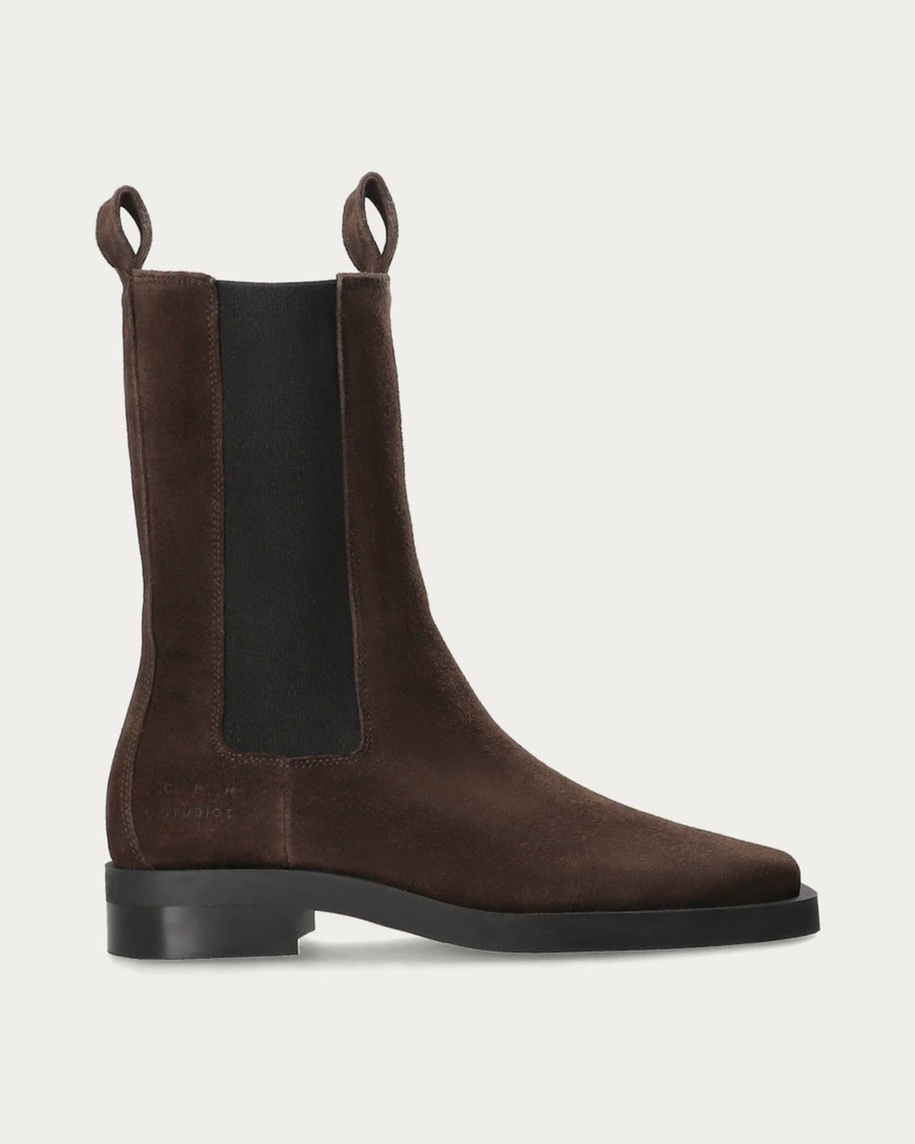 Copenhagen Studios chocolate brown suede Chelsea boot with elastic side panel and pull tab, side profile
