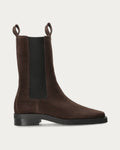 Copenhagen Studios chocolate brown suede Chelsea boot with elastic side panel and pull tab, side profile