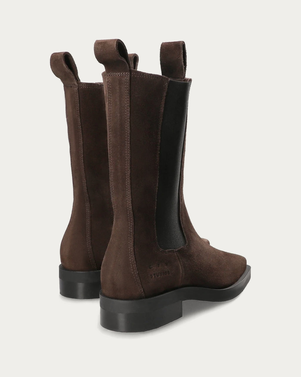 Copenhagen Studios chocolate brown suede Chelsea boots, back view with pull tabs
