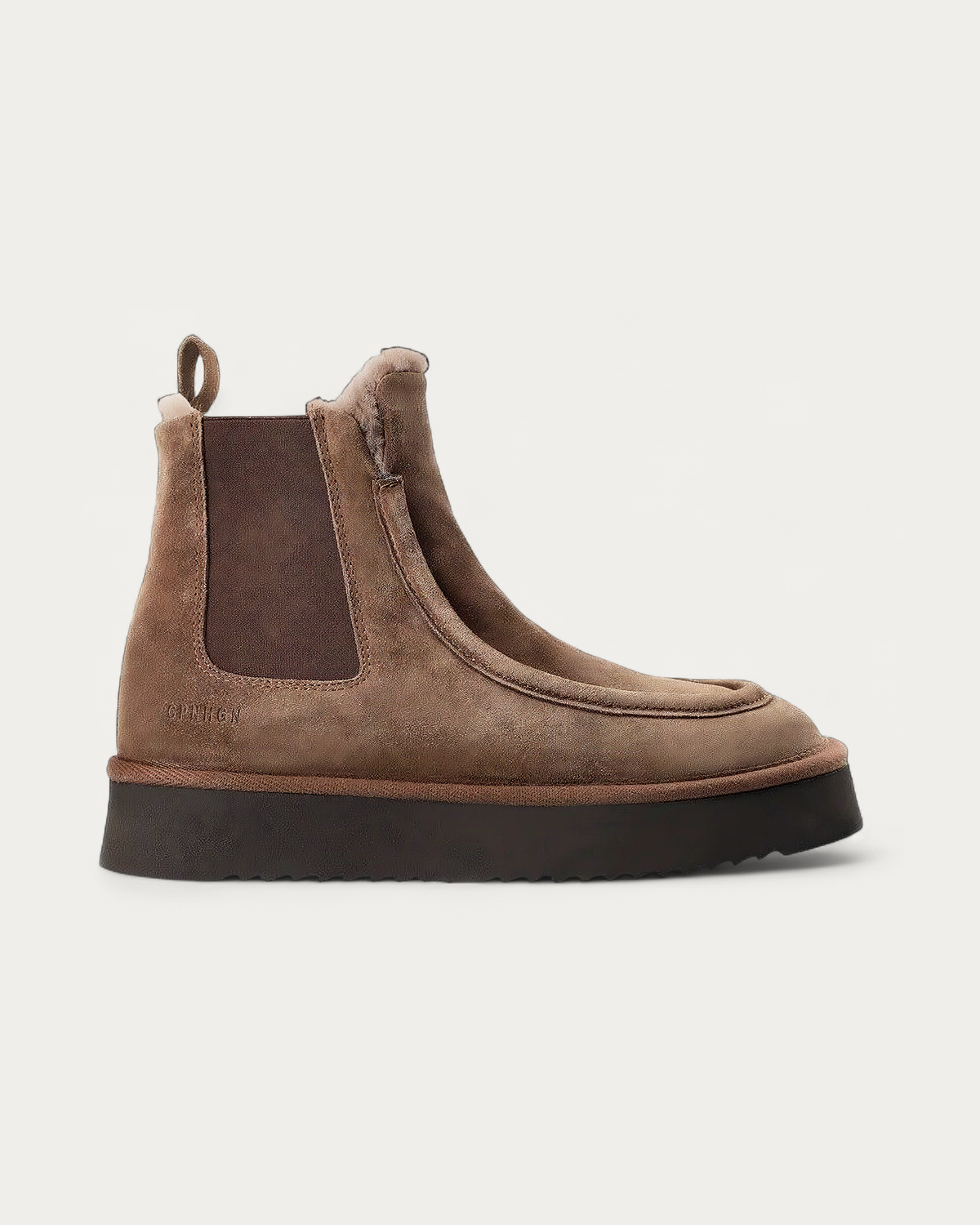 Copenhagen Studios CPH267 Mokka suede Chelsea boot, side profile with lambskin lining and flat tread sole