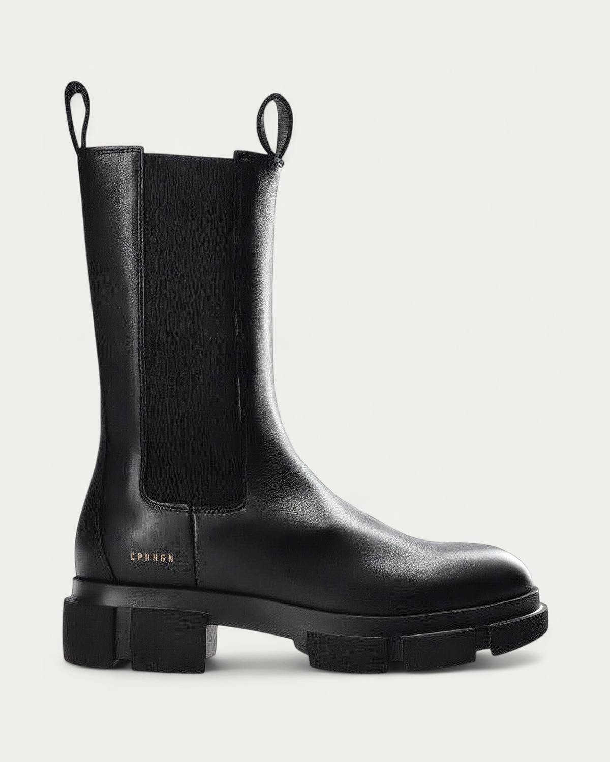 Copenhagen Studios CPH500 black leather high Chelsea boot, side profile with chunky lug sole