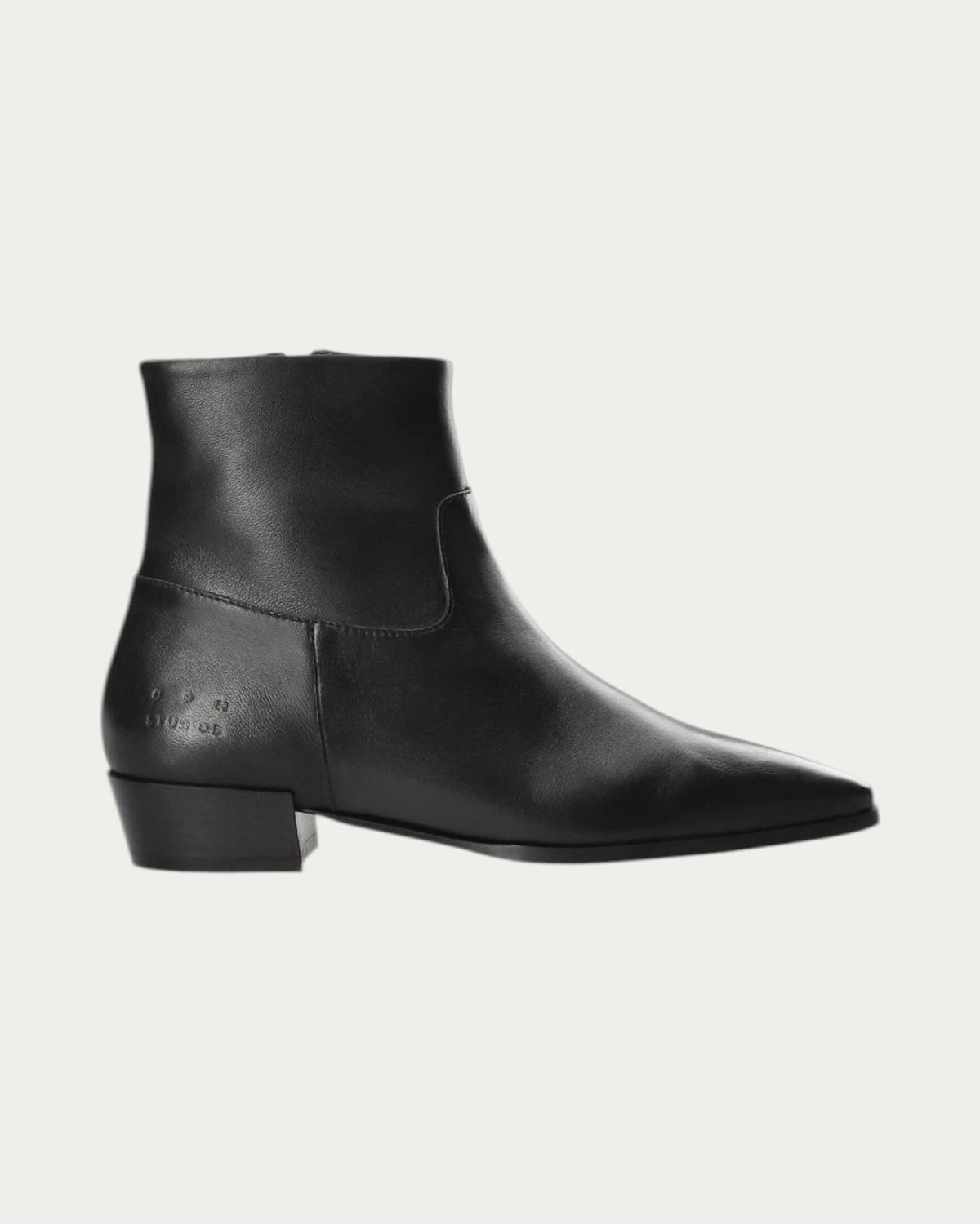 Copenhagen Studios black leather ankle boot with low heel, side view