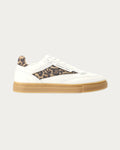 Copenhagen Studios white leather low-top sneaker with leopard panel, padded leopard heel and gum sole, side profile