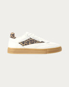 Copenhagen Studios white leather low-top sneaker with leopard panel, padded leopard heel and gum sole, side profile