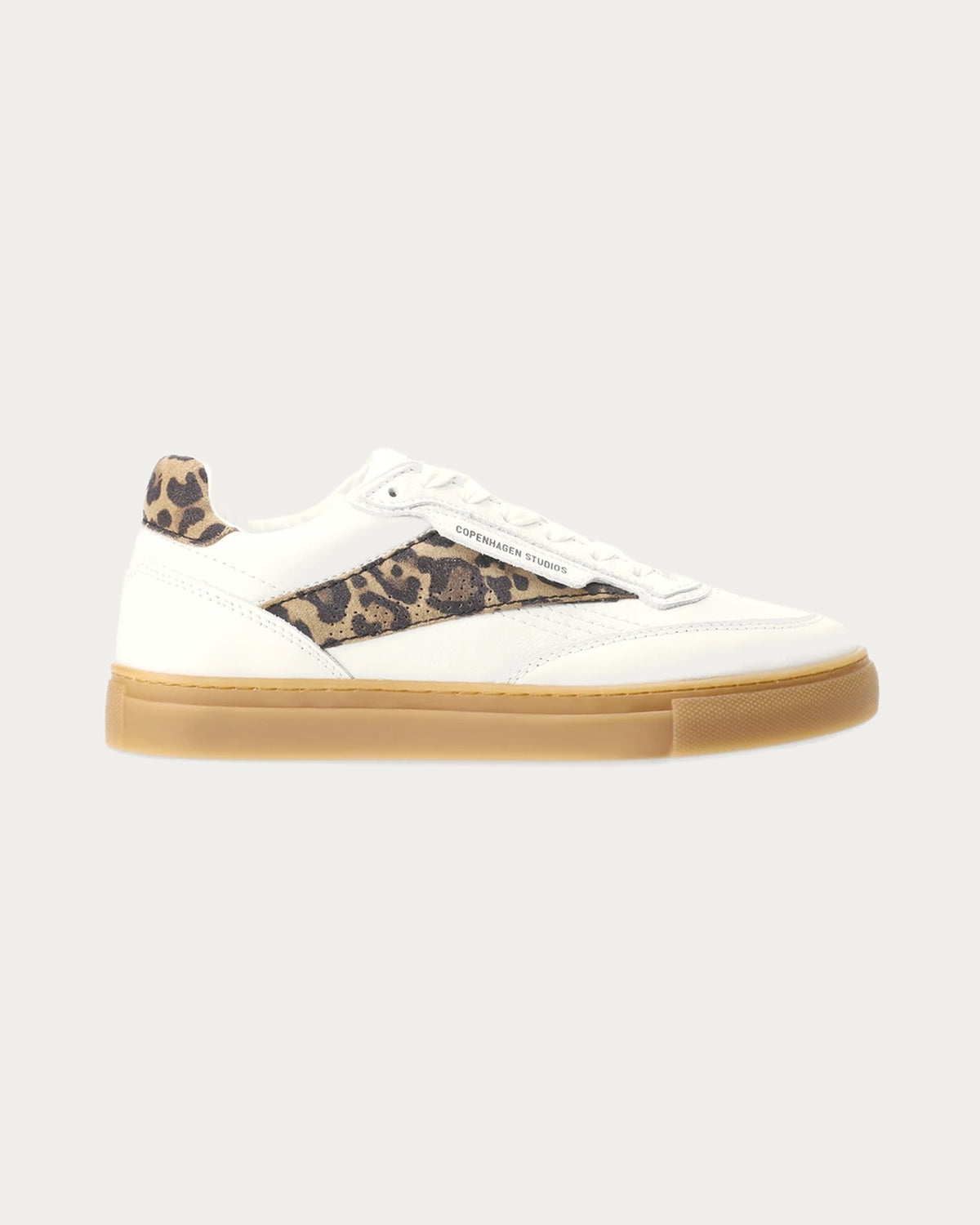 Copenhagen Studios white leather low-top sneaker with leopard panel, padded leopard heel and gum sole, side profile