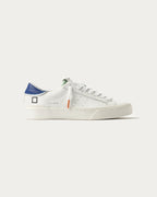 D.A.T.E. Hill Low Mixed white leather sneaker with a blue back patch, mint tongue and orange-tipped laces, side profile