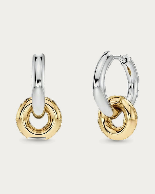 Edblad Eternal Mini Earring In Gold And Steel, a pair of small steel hoop earrings with gold rings, product photo on a soft off-white background
