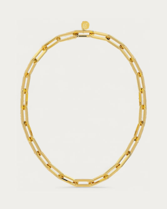 Edblad Ivy Maxi Necklace In Gold, a gold necklace made of large rectangular chain links, product photo on a soft off-white background