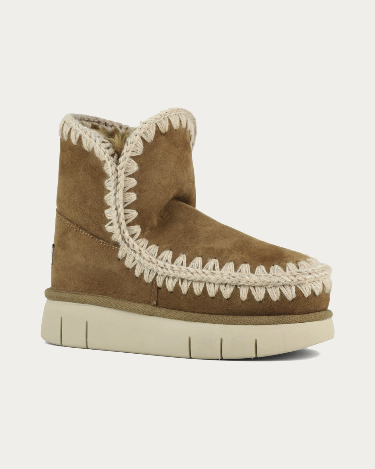 MOU Eskimo 18 Bounce cognac sheepskin ankle boot, front three-quarter view showing hand-crochet stitching