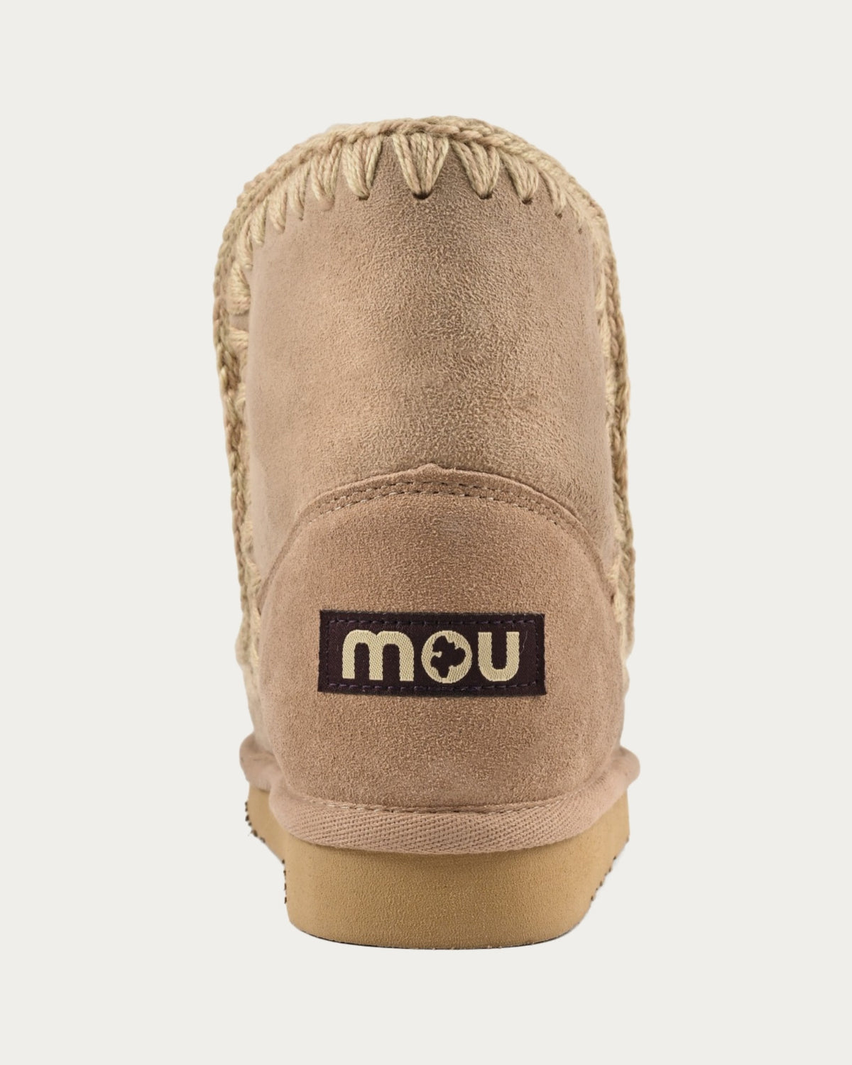 MOU Eskimo 18 camel sheepskin ankle boot, back view with MOU heel label and hand-crochet stitching