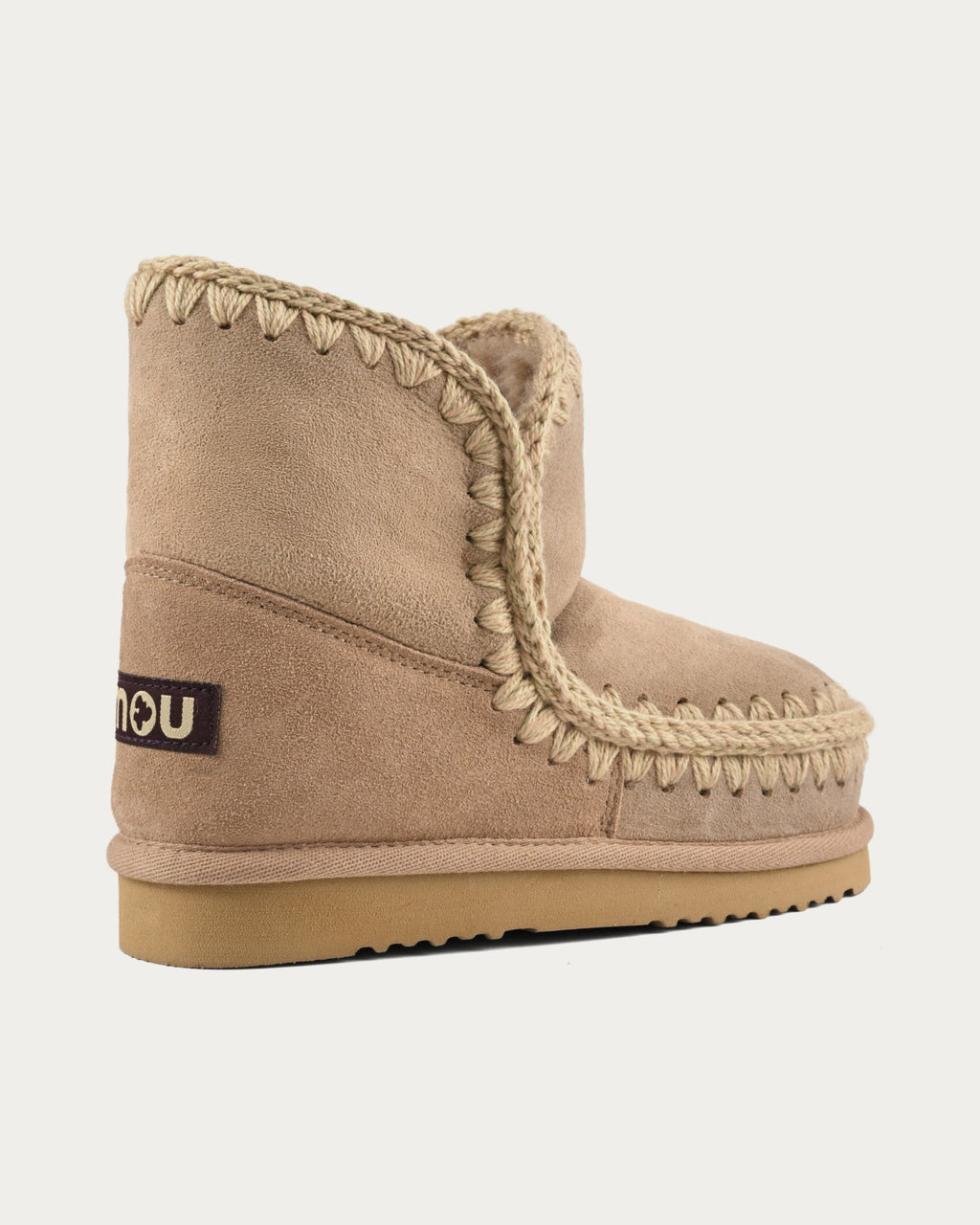 MOU Eskimo 18 camel sheepskin ankle boot, rear three-quarter view with MOU heel label