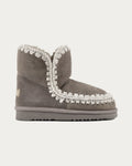 MOU Eskimo 18 ankle boot in new grey sheepskin suede, side profile with crocheted wool stitching