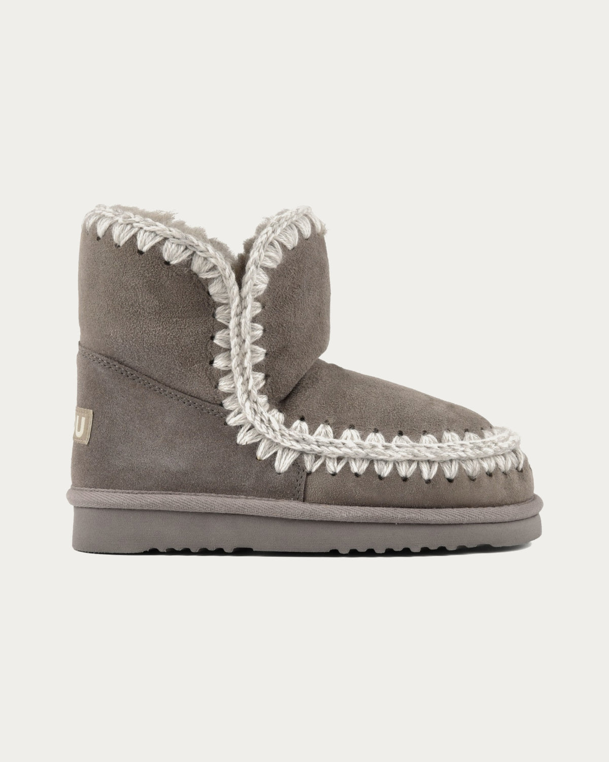 MOU Eskimo 18 ankle boot in new grey sheepskin suede, side profile with crocheted wool stitching
