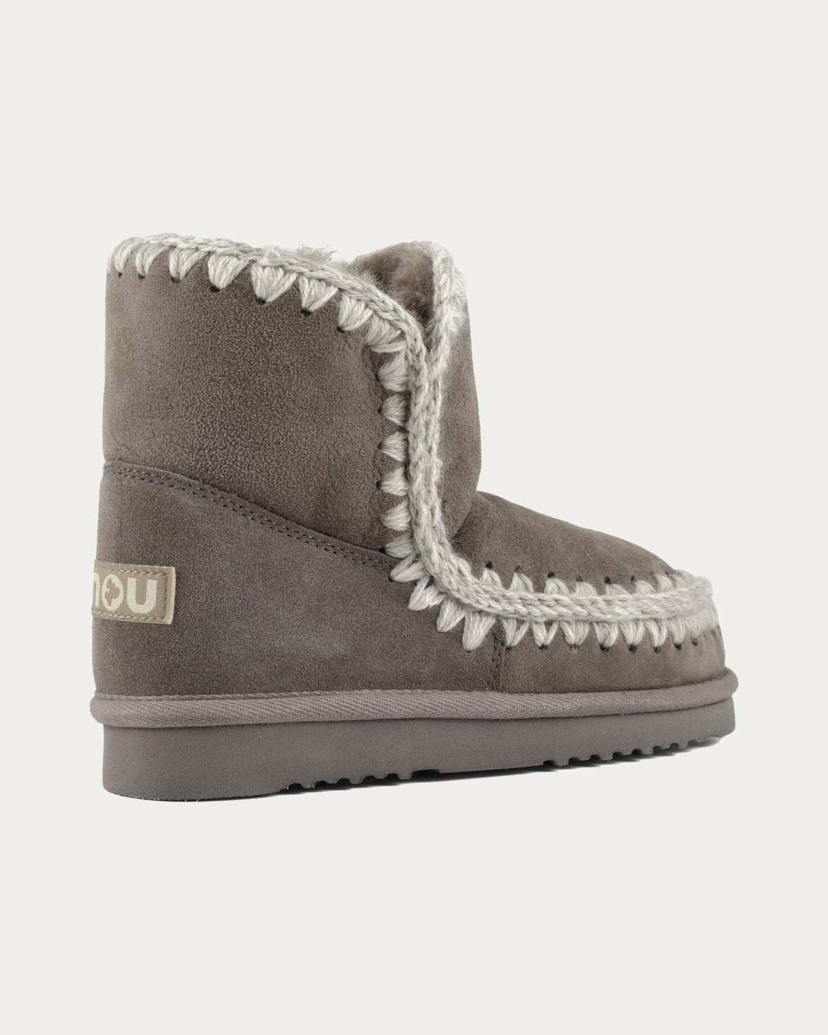 MOU Eskimo 18 new grey sheepskin ankle boot, rear three-quarter view with MOU heel label