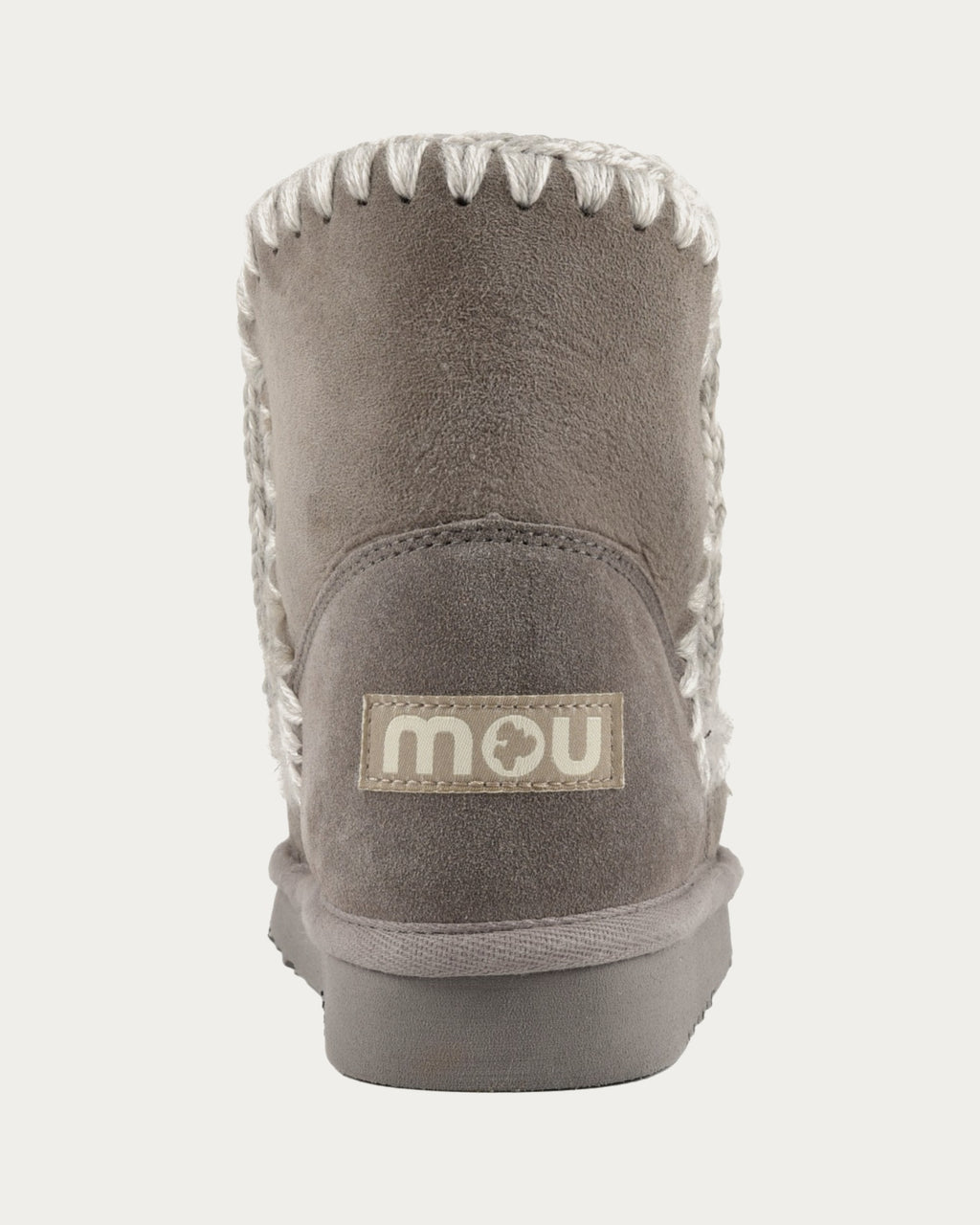 MOU Eskimo 18 new grey sheepskin ankle boot, back view of heel with MOU label