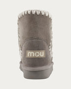 MOU Eskimo 18 new grey sheepskin ankle boot, back view of heel with MOU label