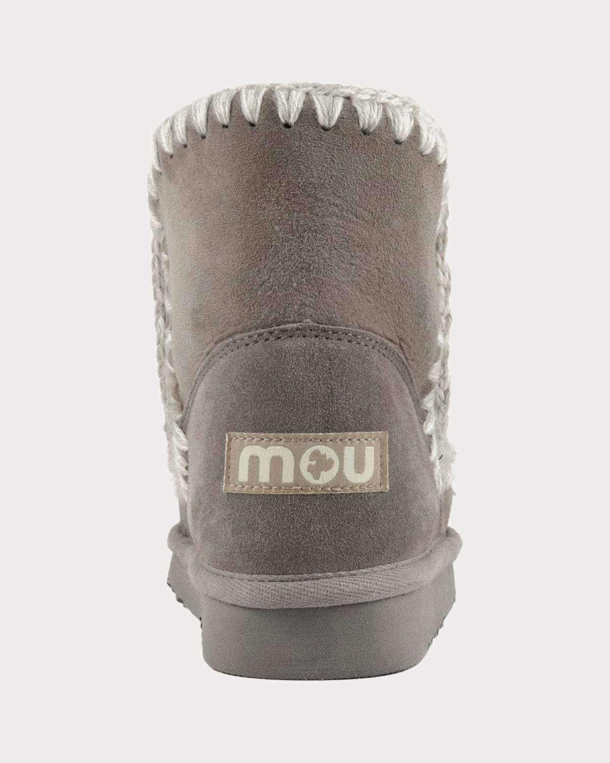 MOU Eskimo 18 new grey sheepskin ankle boot, back view of heel with MOU label