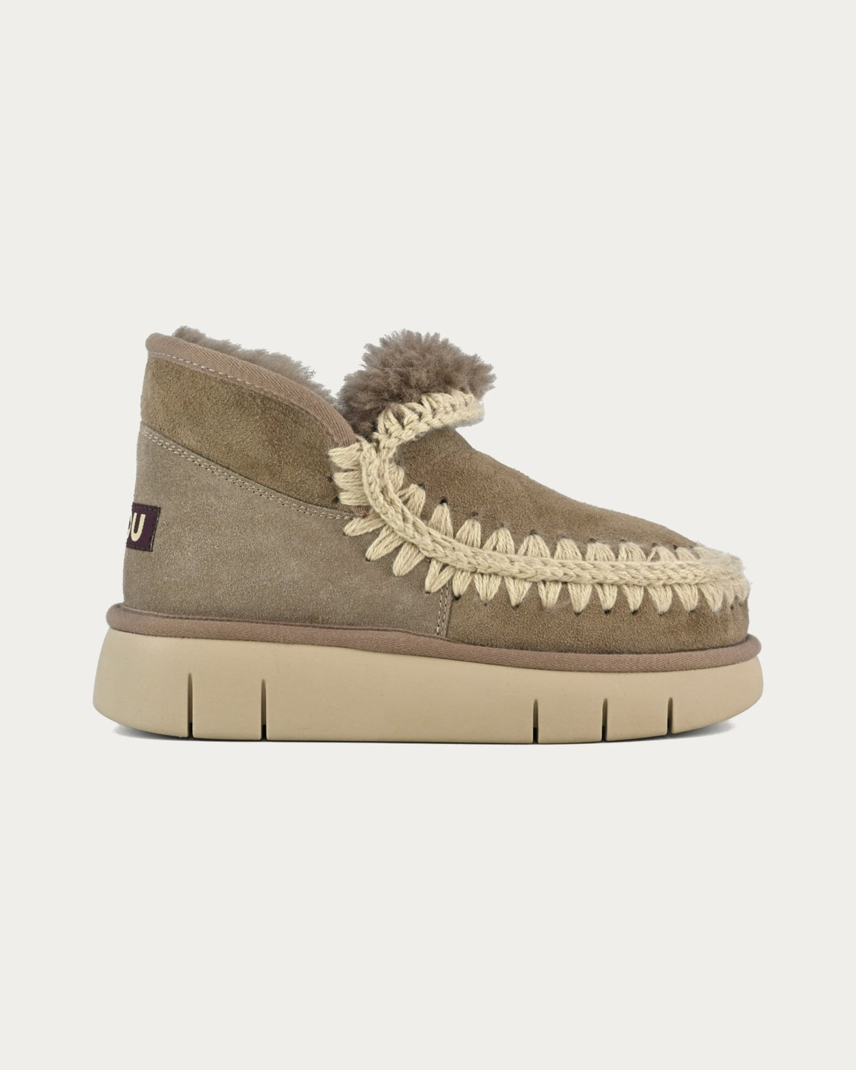 MOU Eskimo Bounce sneaker boot in elephant grey sheepskin with shearling collar and platform sole, side profile