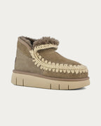 MOU Eskimo Bounce sneaker elephant grey sheepskin boot, front three-quarter view with hand-crochet stitching