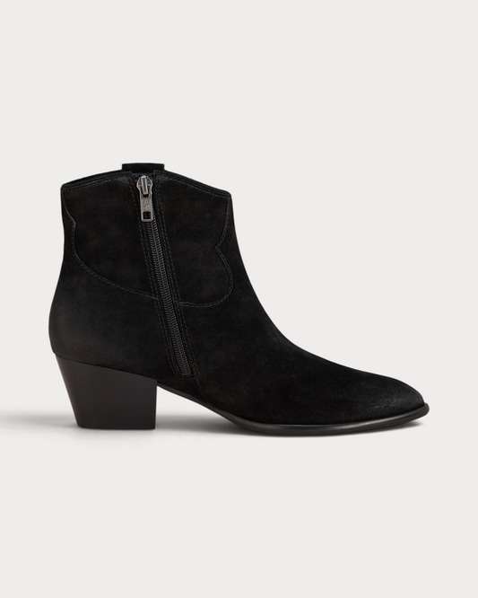 Amari Shoes & Fashion Cork black suede Western-style ankle boot with side zipper and low block heel.