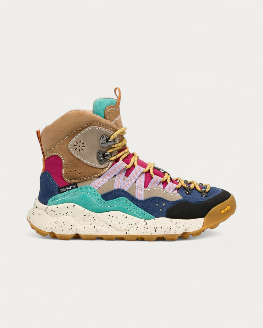 Flower Mountain Bankei Blue Petrol boot in tan suede with navy, pink and teal panels, yellow laces and a speckled cream sole, side profile
