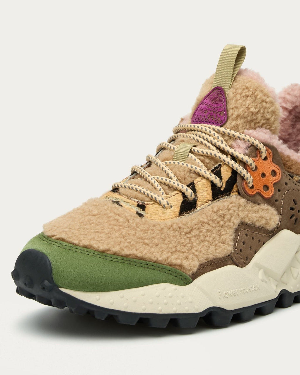 Flower Mountain Kotetsu Woman Brown Green sneaker, front detail of shearling, tiger-print panel and green suede toe cap