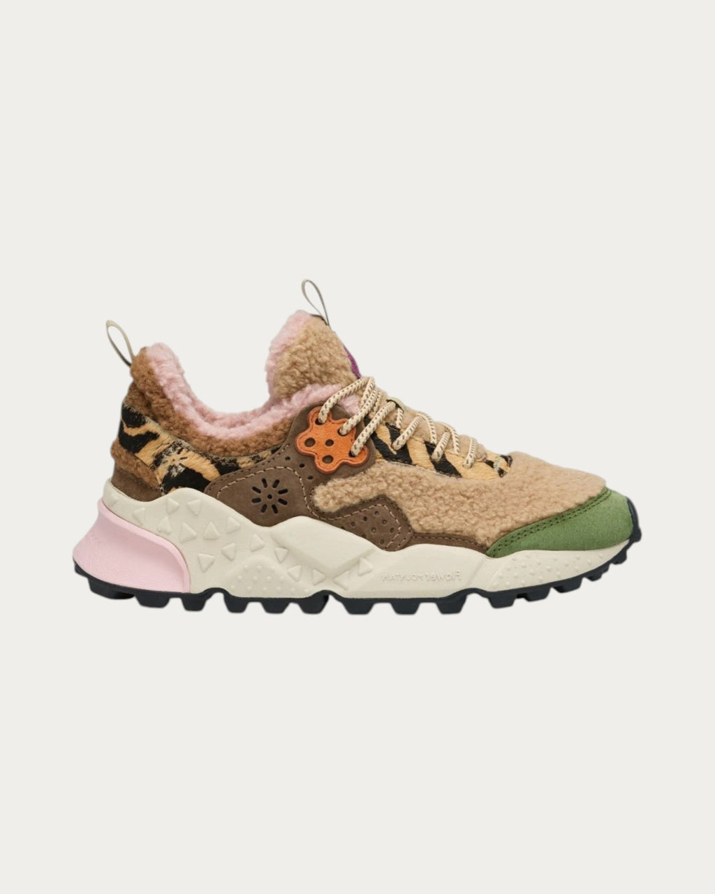 Flower Mountain Kotetsu Woman Brown Green sneaker in brown and green shearling and suede, side profile