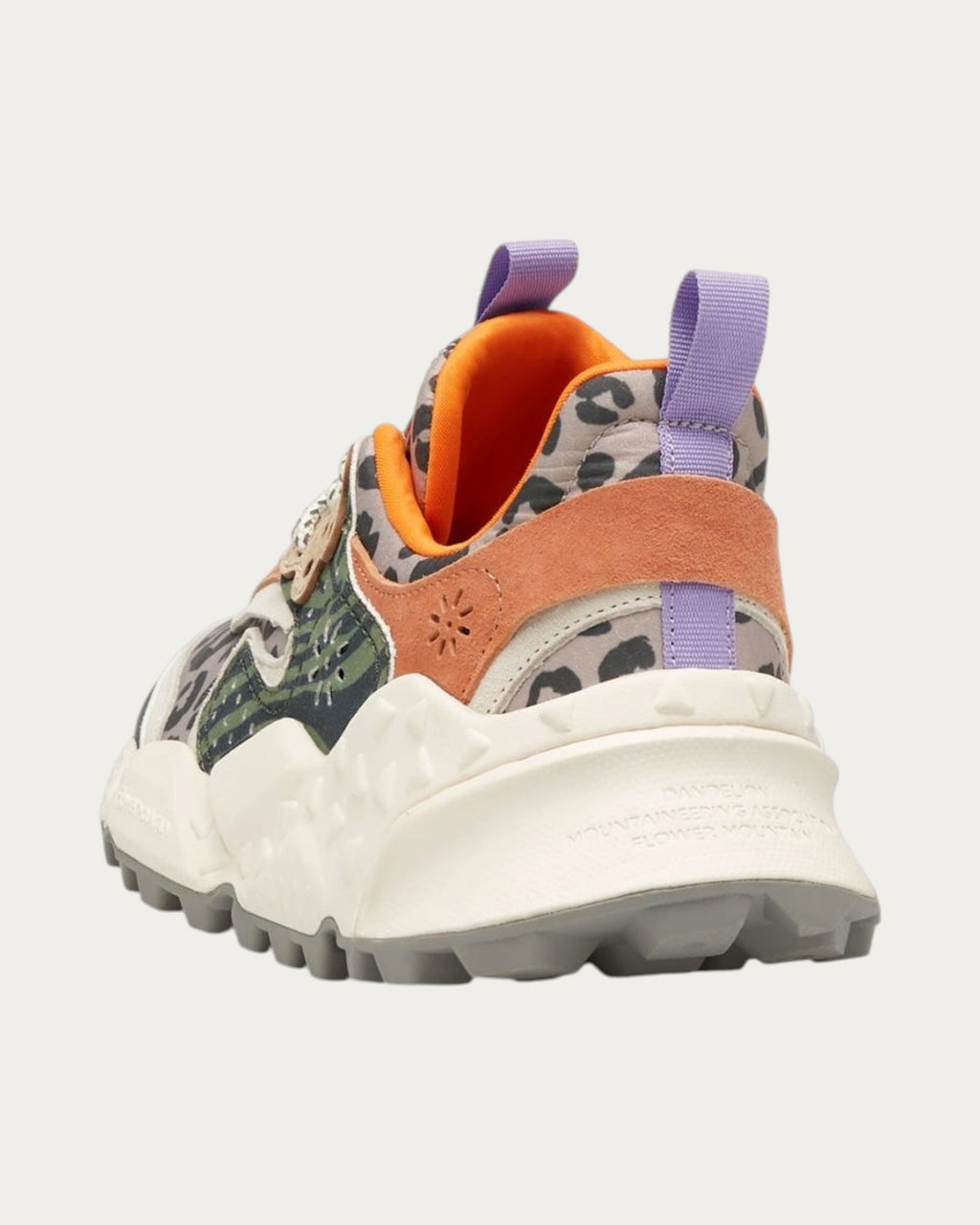 Flower Mountain Kotetsu Woman Sage Tan sneaker, back three-quarter view with orange lining