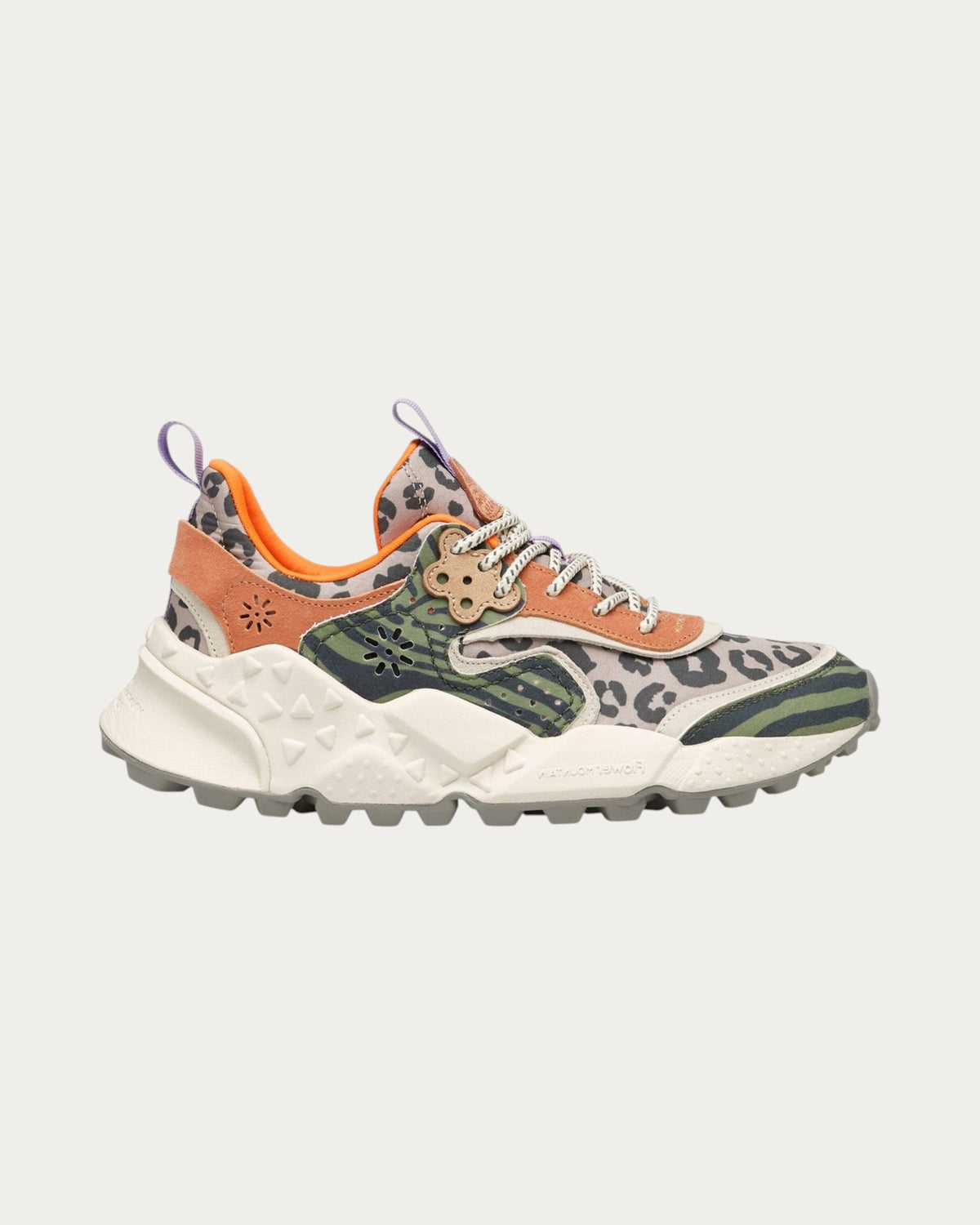 Flower Mountain Kotetsu Woman Sage Tan sneaker in sage and tan leopard print suede and technical fabric, side profile