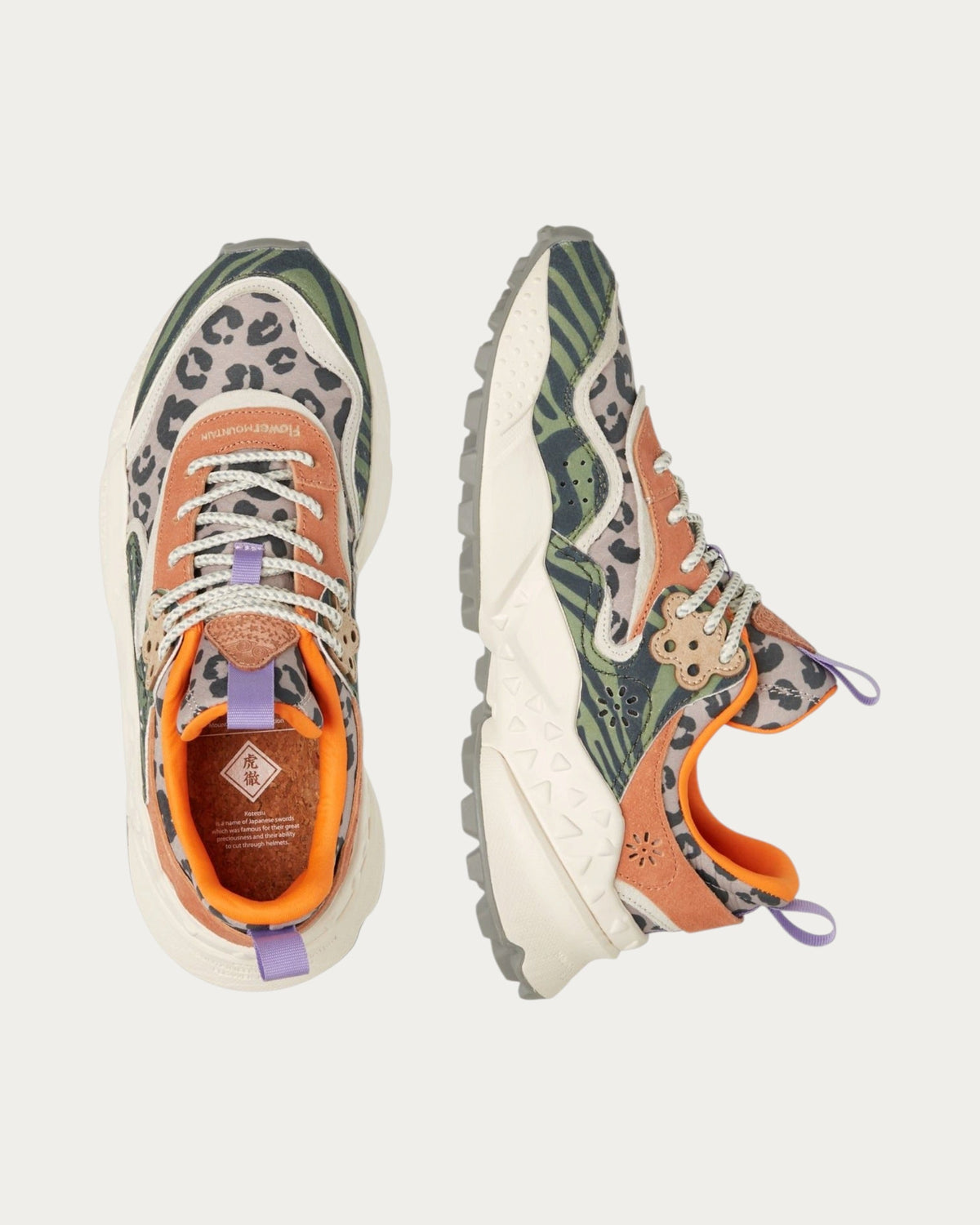 Flower Mountain Kotetsu Woman Sage Tan sneaker, top-down pair view