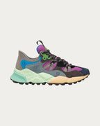 Flower Mountain Tiger Hill Indigo sneaker in dark suede with purple, green and blue panels and a pale mint and peach sole, side profile