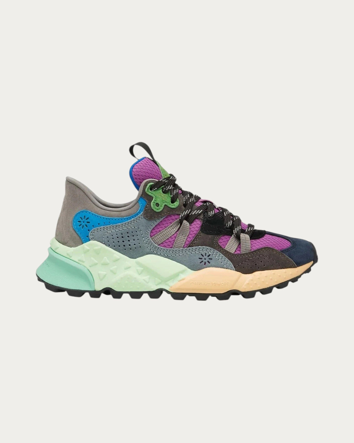 Flower Mountain Tiger Hill Indigo sneaker in dark suede with purple, green and blue panels and a pale mint and peach sole, side profile
