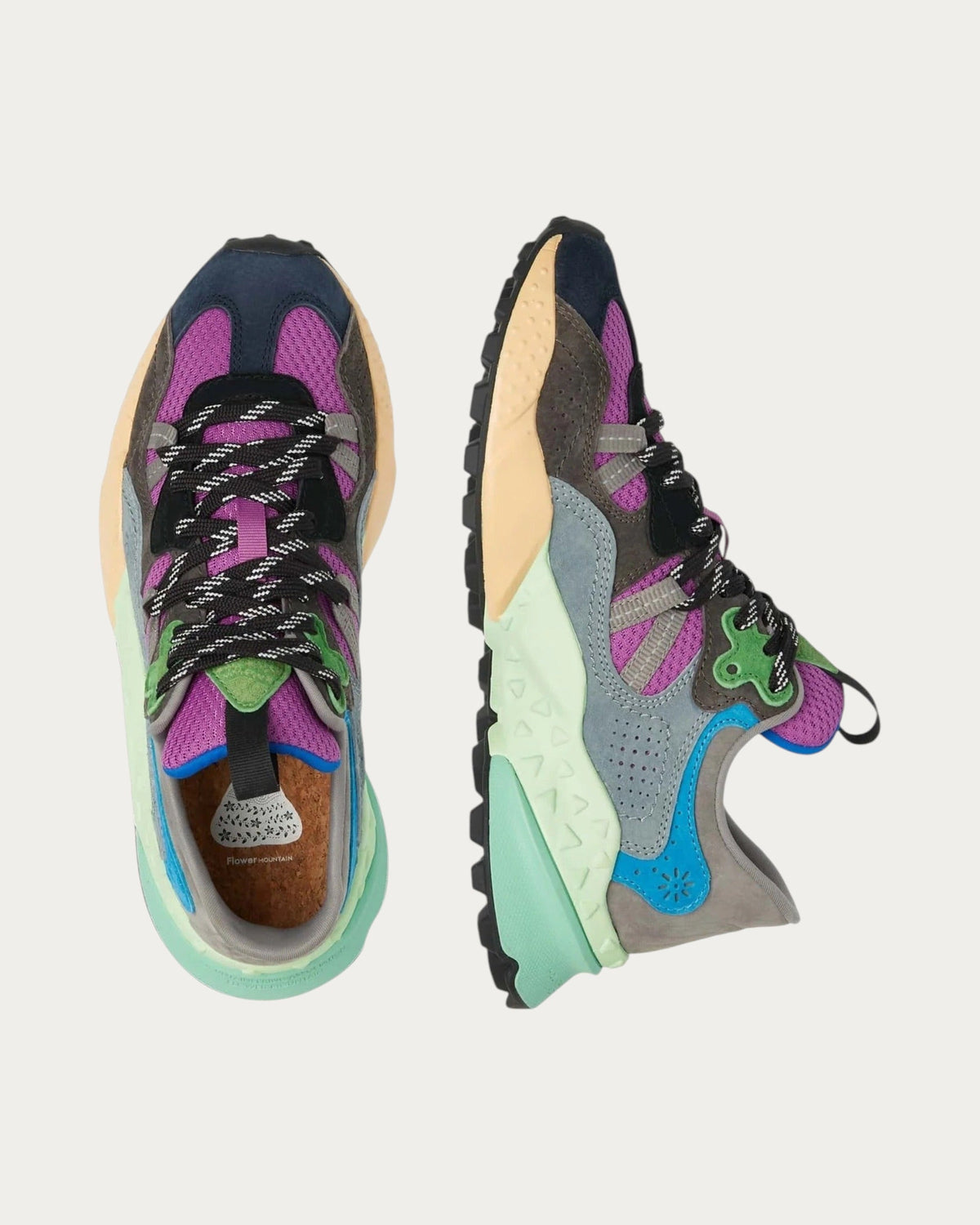 Flower Mountain Tiger Hill Indigo sneaker, top-down pair view