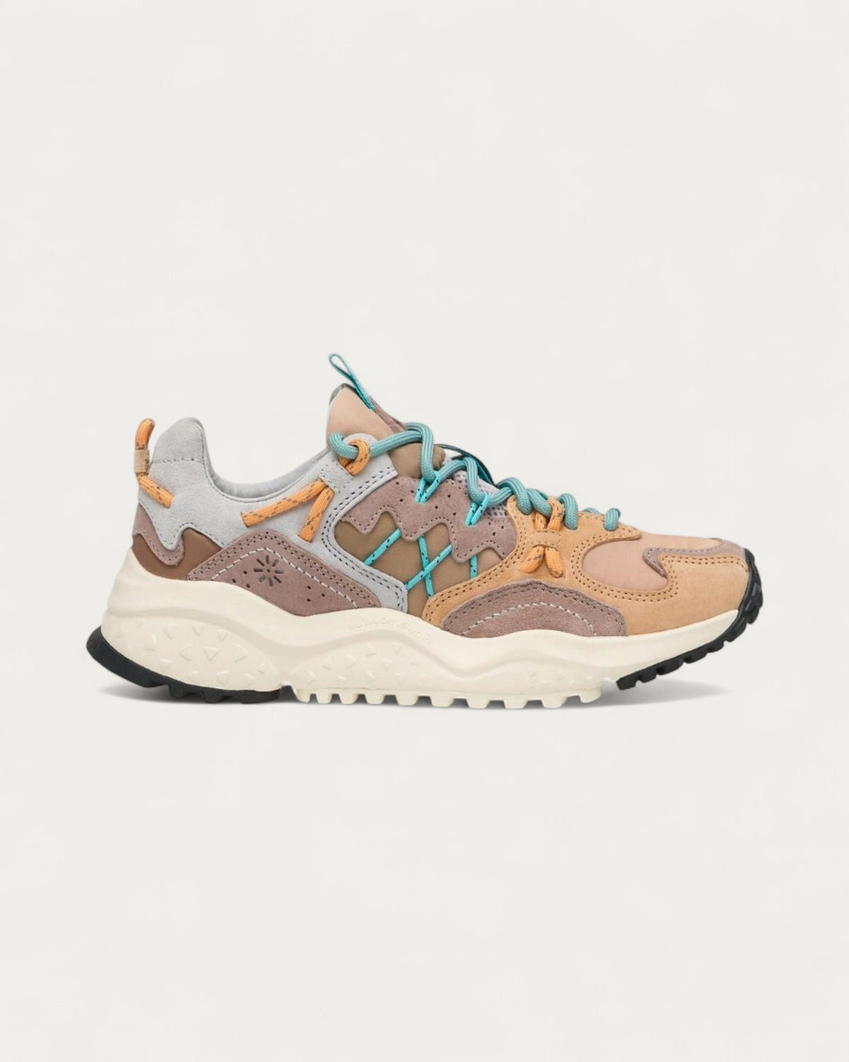 Flower Mountain Yamabushi 1M51 sneaker in tan, pink and grey leather and polyester with teal laces, side profile